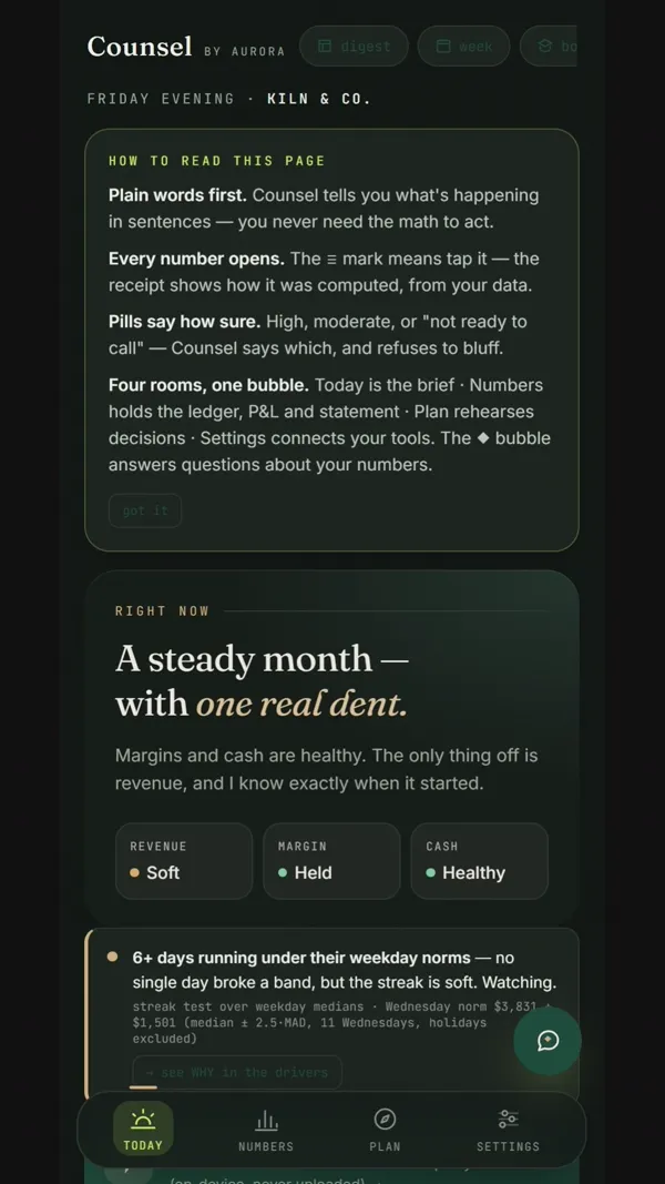 Counsel's how-to-read card: plain words first, every number opens to its receipt, pills say how sure the math is, including not ready to call.
