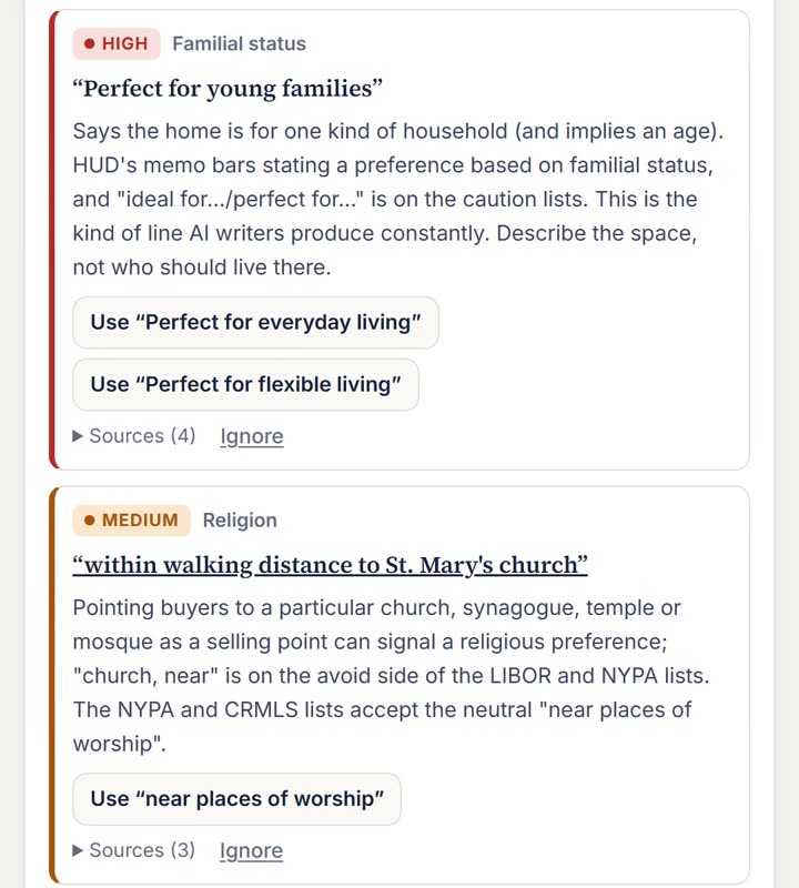 Flag cards. 'Perfect for young families' is marked High, Familial status, with the reason, two rewrite buttons and four sources. Below it, the church phrase is marked Medium, Religion.