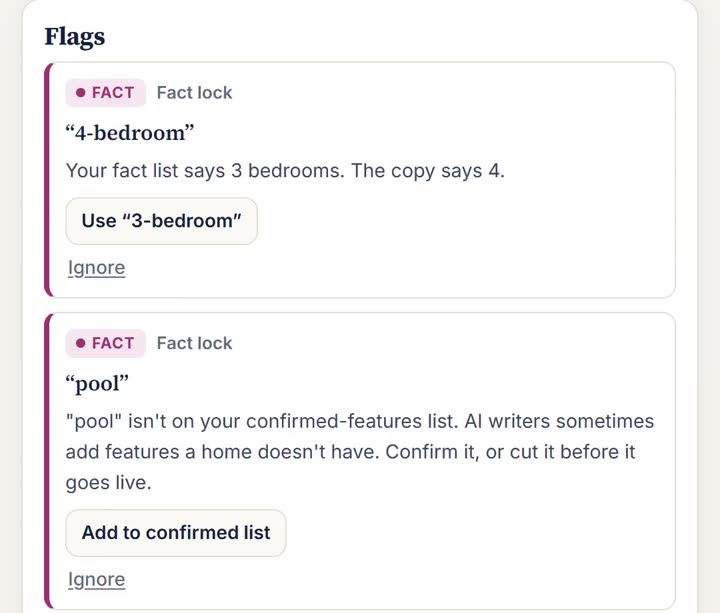 Fact lock results: '4-bedroom' flagged because the fact list says 3 bedrooms, with a 'Use 3-bedroom' button, and 'pool' flagged because it isn't on the confirmed-features list.