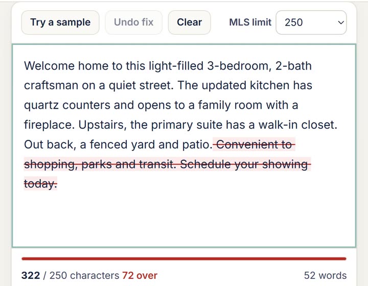 The MLS limit set to 250 characters. The draft is 322 characters, 72 over, and the last sentence and a half are struck through.