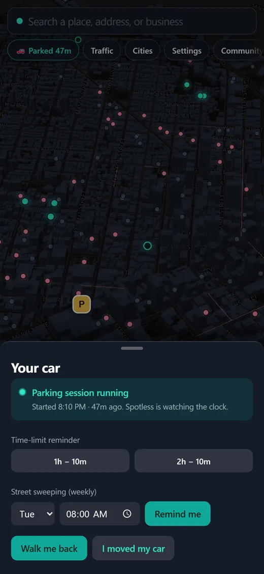 Spotless 'Your car' panel: a parking session running for 47 minutes, time-limit reminder buttons, a weekly street sweeping reminder set for Tuesday at 8 AM, and a Walk me back button.