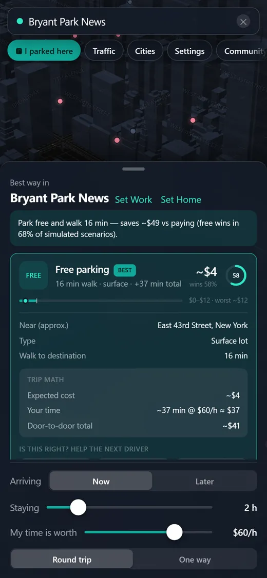 Spotless card for Bryant Park News in New York with the time slider set to $60 an hour. A free lot with a 16 minute walk shows its time cost and door-to-door total.
