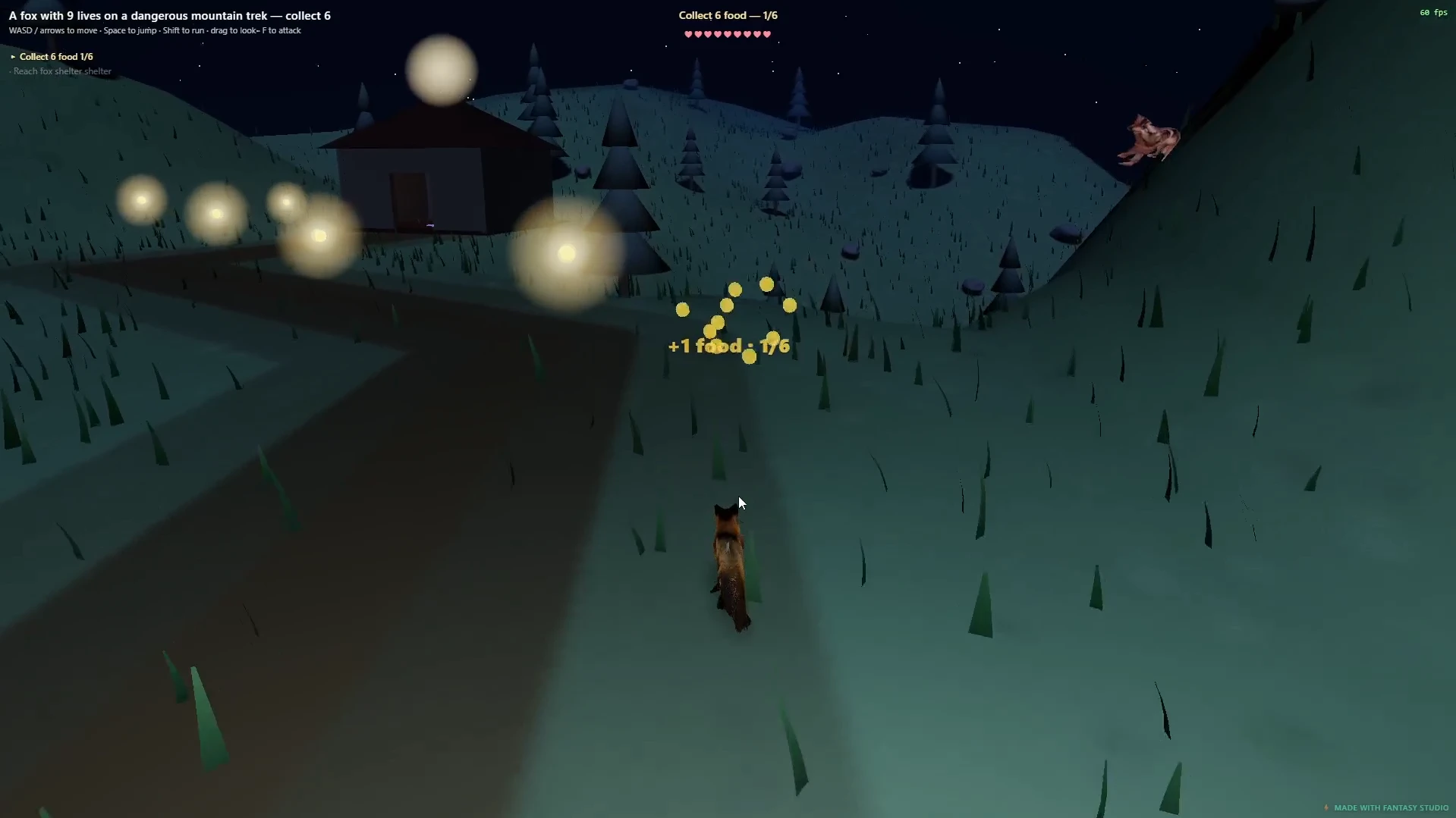 Playable fox game — collect 6 food on a mountain trek