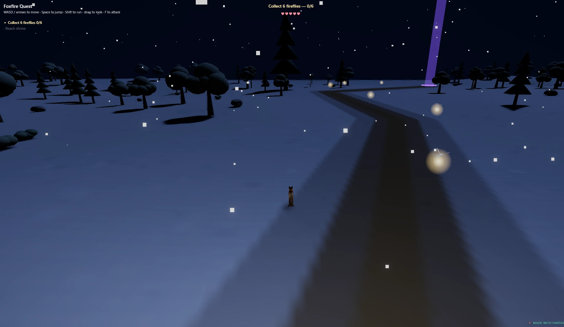 Foxfire Quest — collect fireflies at night, reach the shrine